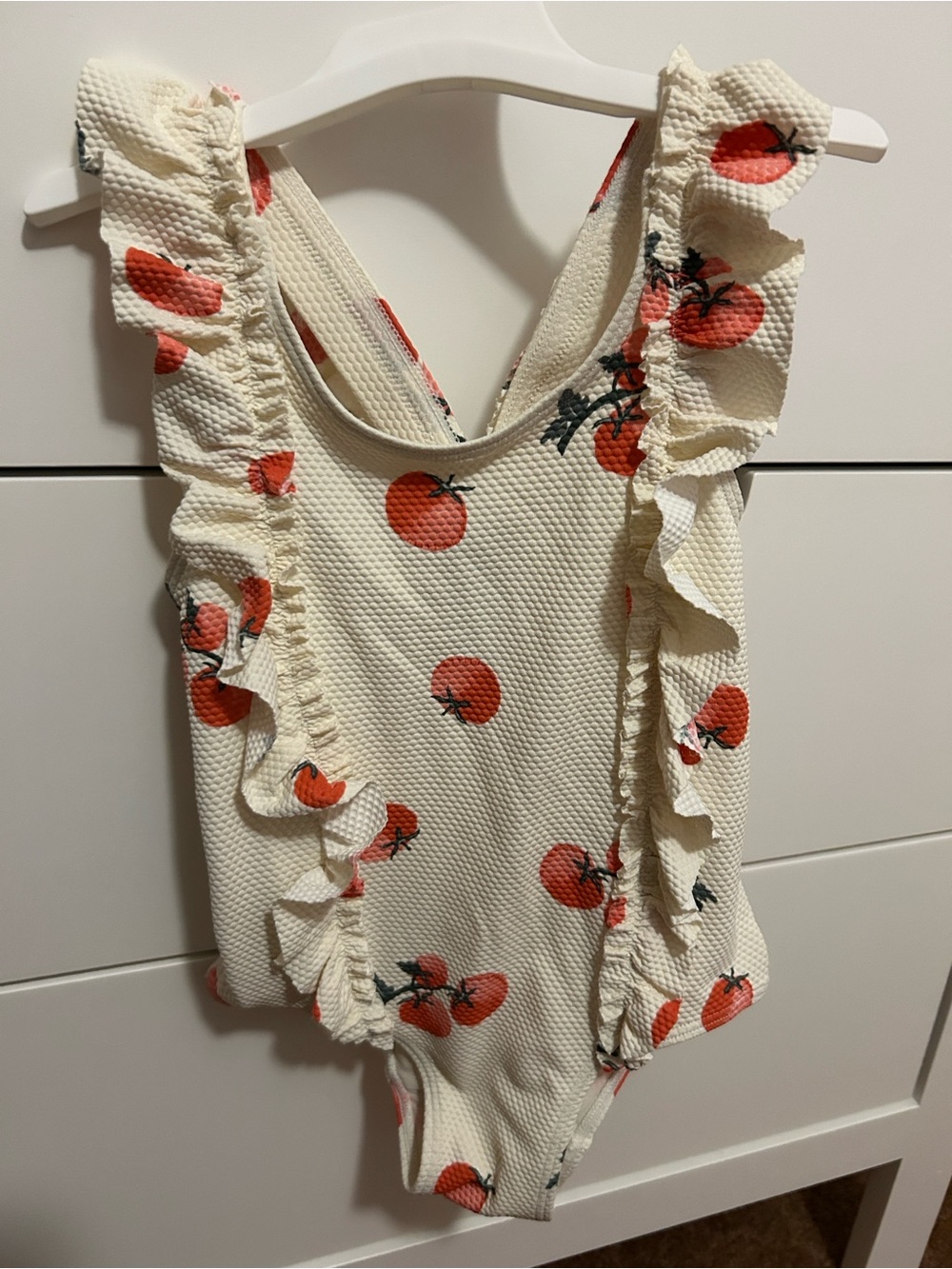 H&M 2T Cream One-Piece Swimsuit with tomato Print and Ruffle Trim